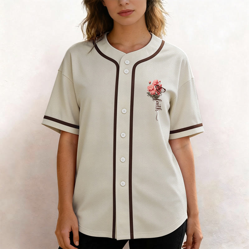 Christianartworkshop „Vielleicht wurdest du gerade für eine Zeit wie diese geschaffen“ Esther 4,14 Baseballtrikot mit Pfingstrosen-Glaubensmotiv und Knöpfen - image 18
