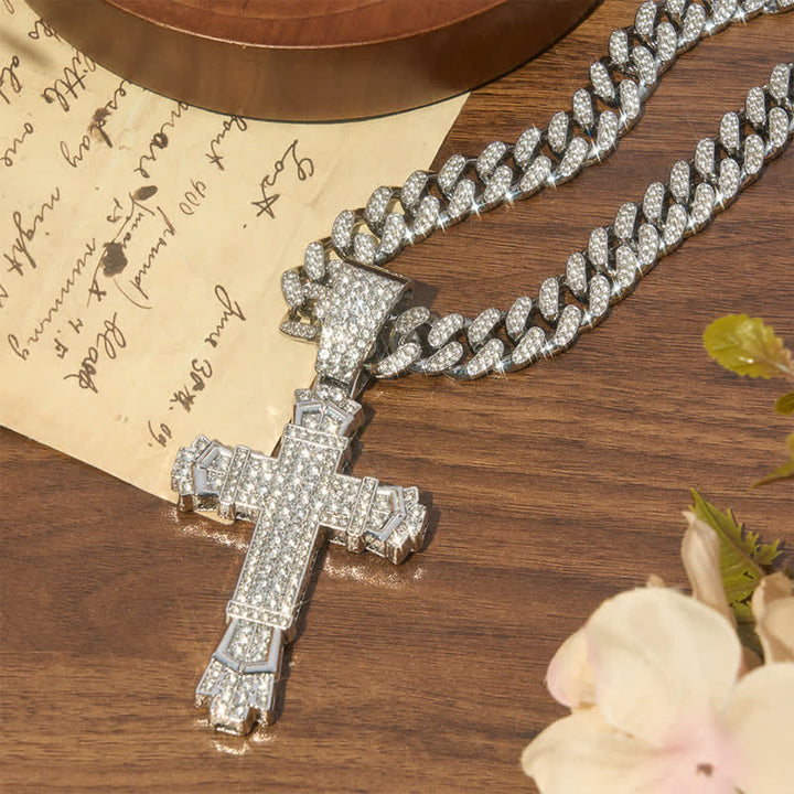 Christianartworkshop Heilige, eisverzierte Kreuzkette aus Legierung im kubanischen Stil: Symbol des ruhigen, beständigen Friedens - Silber - 23,62 Zoll / 60 cm - image 3
