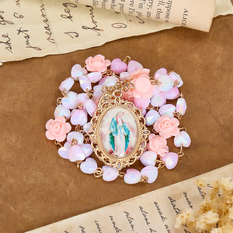 Christianartworkshop Rosenkranz mit zarten Rosen und Herzperlen, Unserer Lieben Frau: Zeichen des göttlichen Schutzes - image 1