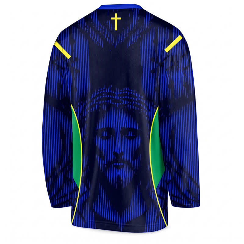 Christianartworkshop Jesus Portrait Blaues V-Ausschnitt Langarm-Hockeytrikot - image 2