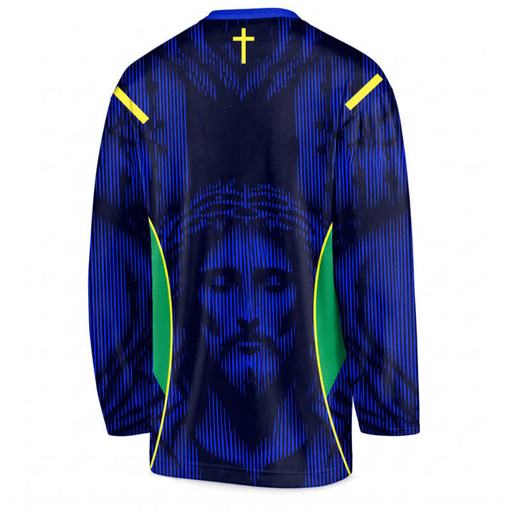 Christianartworkshop Jesus Portrait Blaues V-Ausschnitt Langarm-Hockeytrikot - image 2