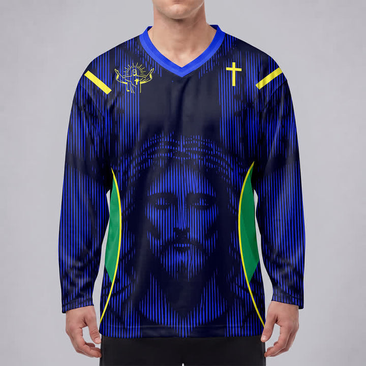 Christianartworkshop Jesus Portrait Blaues V-Ausschnitt Langarm-Hockeytrikot - image 3