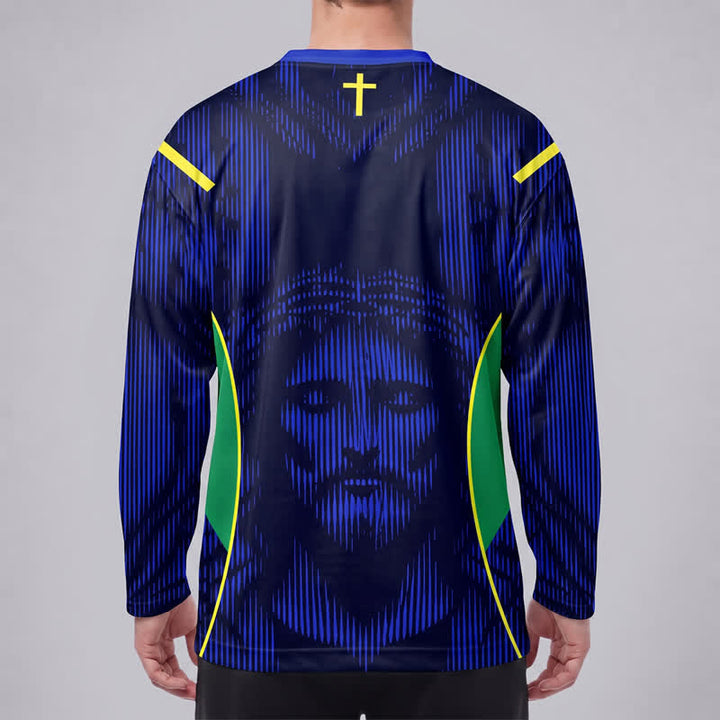 Christianartworkshop Jesus Portrait Blaues V-Ausschnitt Langarm-Hockeytrikot - image 4