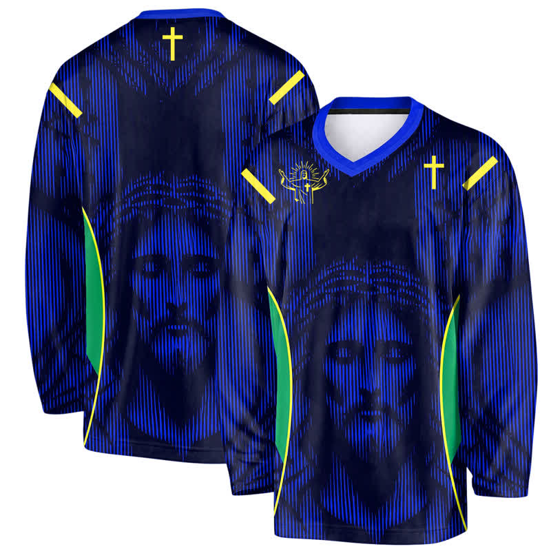 Christianartworkshop Jesus Portrait Blaues V-Ausschnitt Langarm-Hockeytrikot - 5XL - image 0
