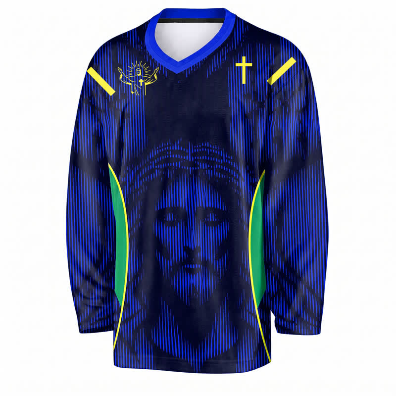 Christianartworkshop Jesus Portrait Blaues V-Ausschnitt Langarm-Hockeytrikot - image 1