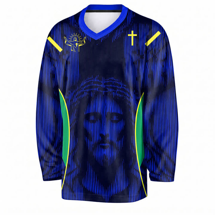Christianartworkshop Jesus Portrait Blaues V-Ausschnitt Langarm-Hockeytrikot - image 1