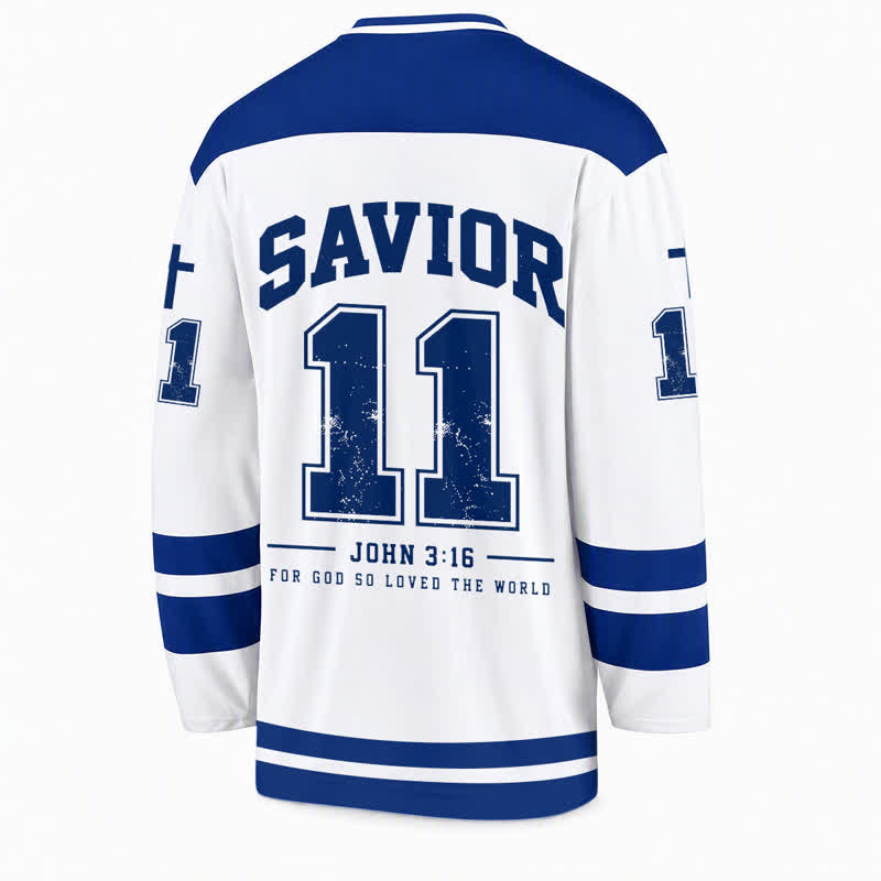 Christianartworkshop Erlöser Johannes 3:16 Jesus & Heiliges Herz Blau-Weißes Langarm-Hockeytrikot - image 2