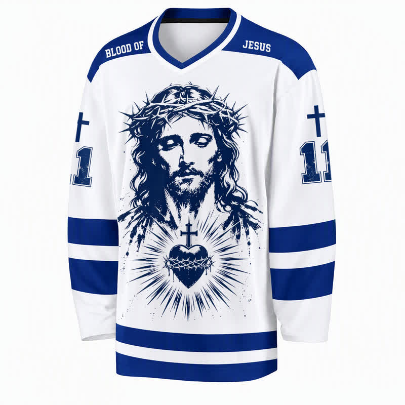 Christianartworkshop Erlöser Johannes 3:16 Jesus & Heiliges Herz Blau-Weißes Langarm-Hockeytrikot - image 1