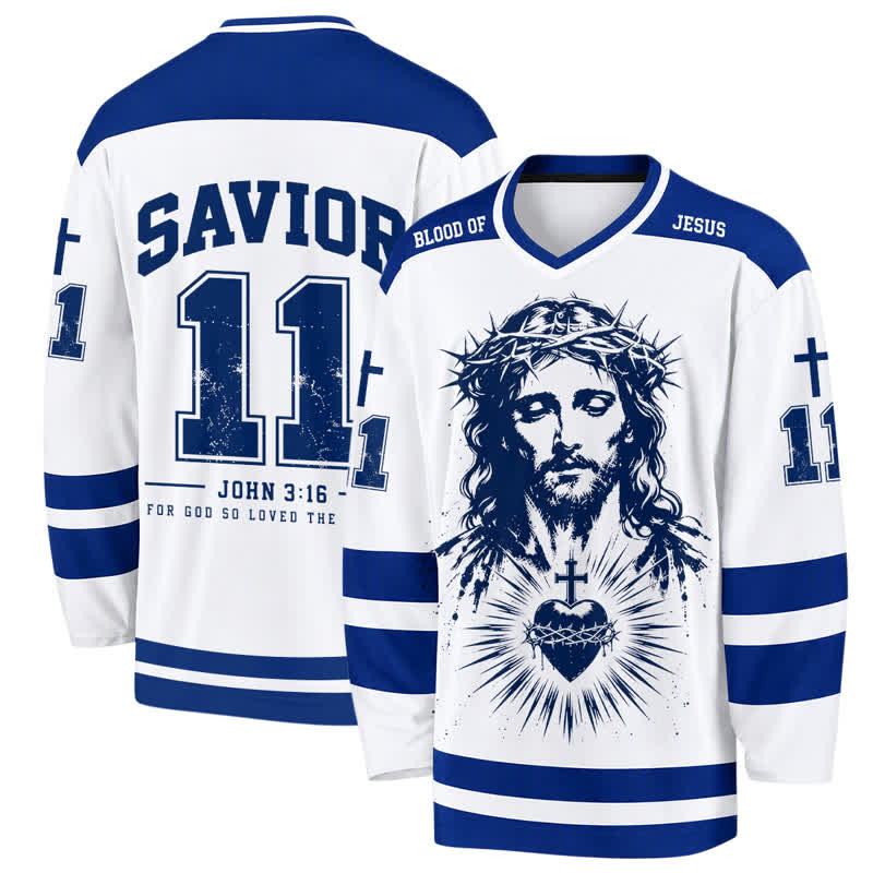 Christianartworkshop Erlöser Johannes 3:16 Jesus & Heiliges Herz Blau-Weißes Langarm-Hockeytrikot - 5XL - image 0