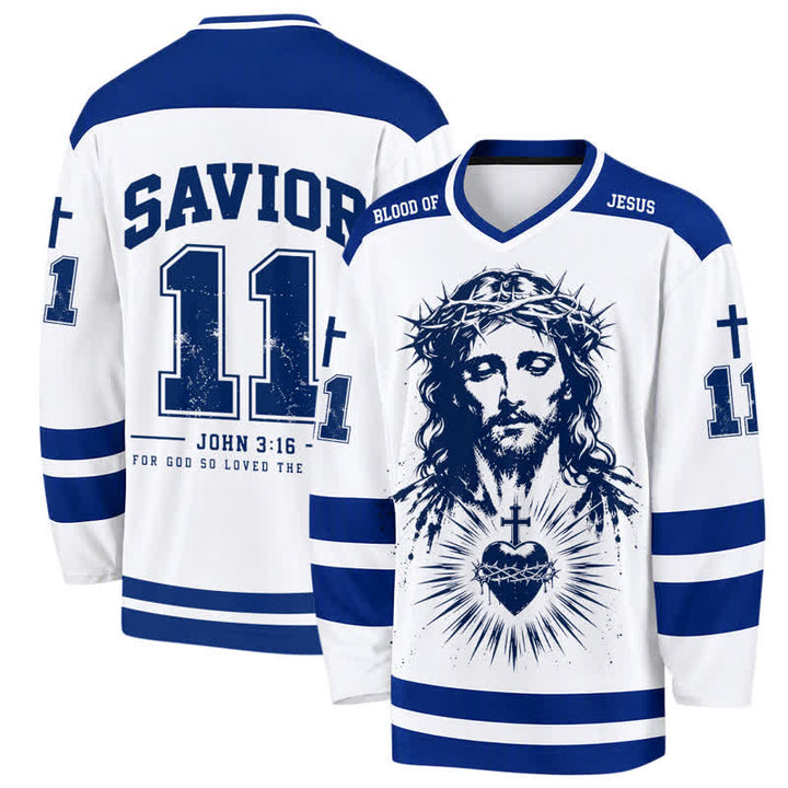 Christianartworkshop Erlöser Johannes 3:16 Jesus & Heiliges Herz Blau-Weißes Langarm-Hockeytrikot - 5XL - image 0