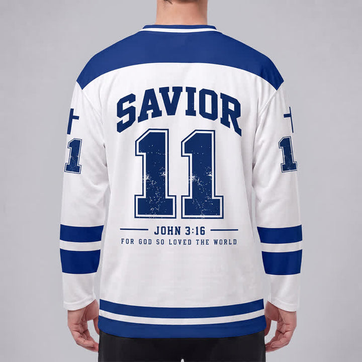 Christianartworkshop Erlöser Johannes 3:16 Jesus & Heiliges Herz Blau-Weißes Langarm-Hockeytrikot - image 4