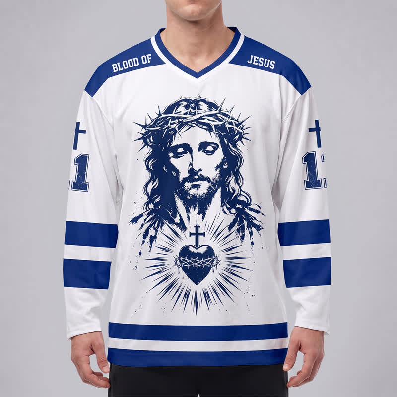 Christianartworkshop Erlöser Johannes 3:16 Jesus & Heiliges Herz Blau-Weißes Langarm-Hockeytrikot - image 3