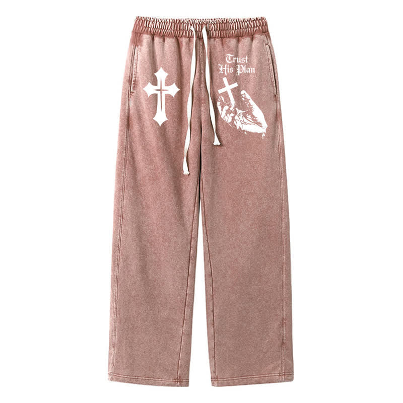 Christianartworkshop Vertraue seinem Plan Cross Graphic Washed Sweatpants - Braun - 2XL - image 0