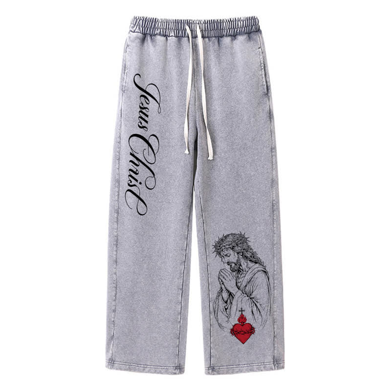 Christianartworkshop Jesus Christus Schriftzug Heiliges Herz Gewaschene Jogginghose - Grau - 2XL - image 0