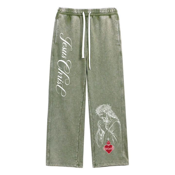 Christianartworkshop Jesus Christus Schriftzug Heiliges Herz Gewaschene Jogginghose - Armeegrün - 2XL - image 8