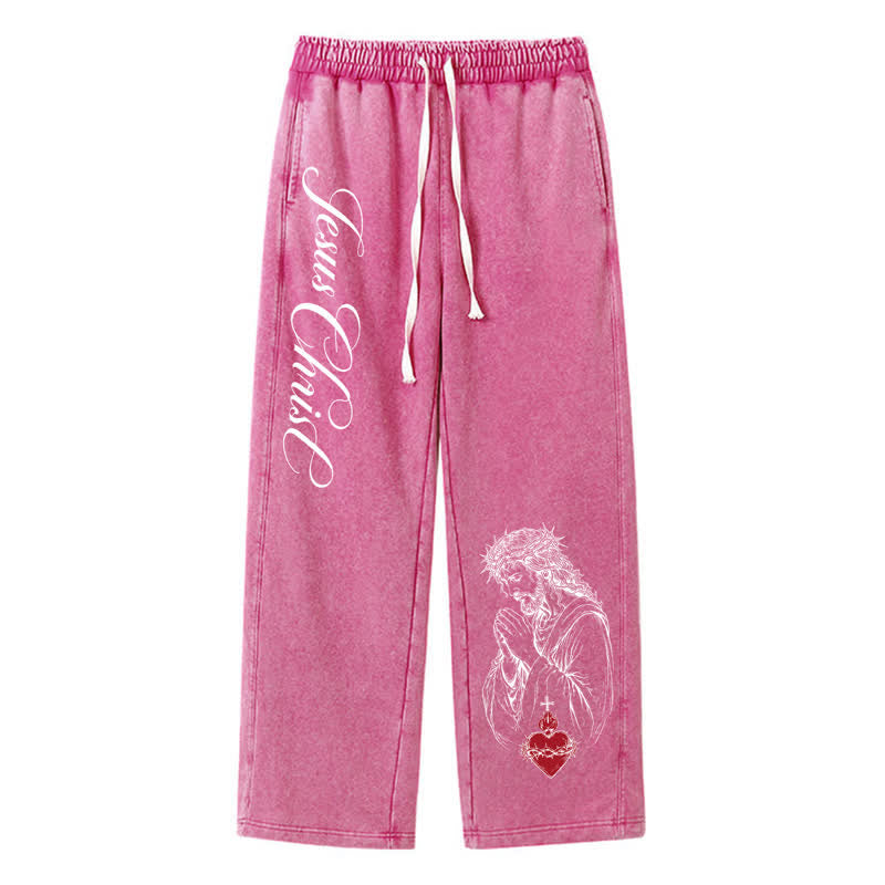 Christianartworkshop Jesus Christus Schriftzug Heiliges Herz Gewaschene Jogginghose - Rose - 2XL - image 32