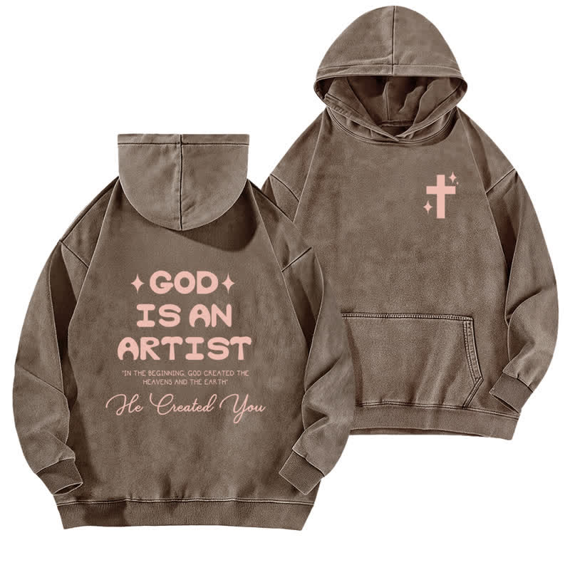 Christianartworkshop God Is An Artist Vintage Pink Print Washed Hoodie - Kaffee - 5XL - image 0