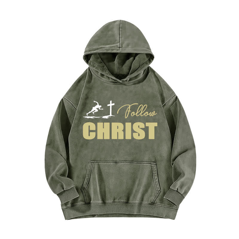 Christianartworkshop Übergroßer, gewaschener Hoodie mit Christus-Kreuz-Grafik - Armeegrün - 5XL - image 4