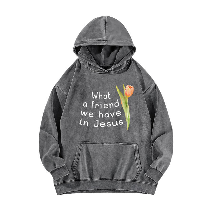 Christianartworkshop Was für ein Freund wir in Jesus haben – gewaschener Hoodie - Grau - 5XL - image 3