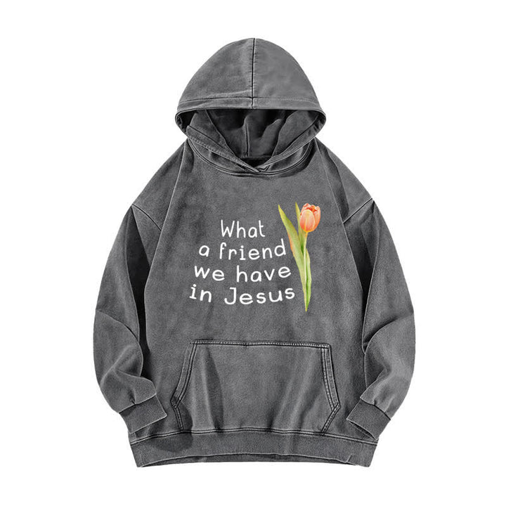 Christianartworkshop Was für ein Freund wir in Jesus haben – gewaschener Hoodie - Grau - 5XL - image 3