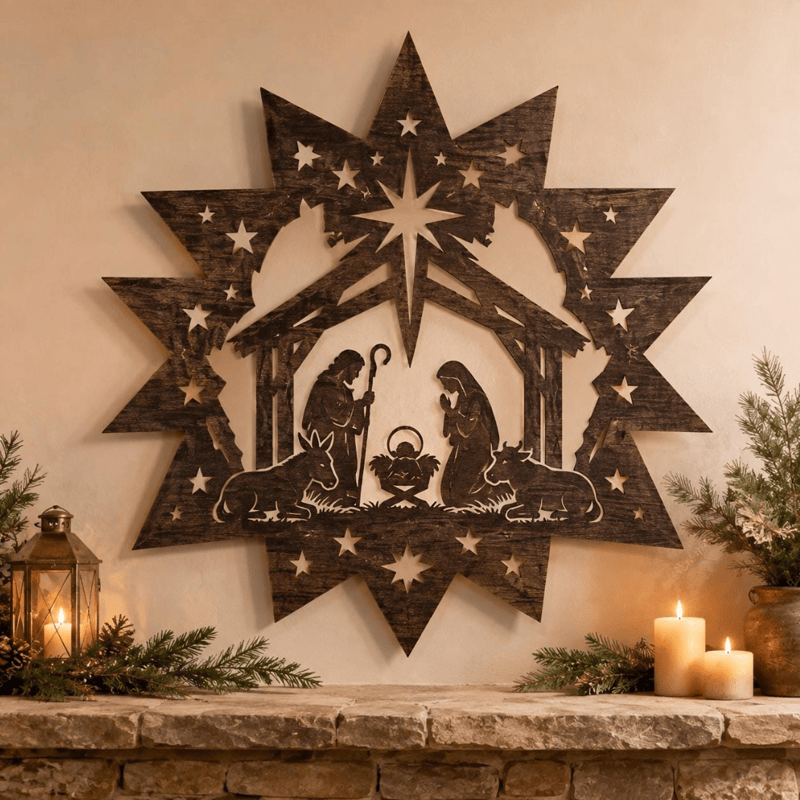 Christianartworkshop Sternenrahmen-Krippenszene aus Metall – Wandbild: Symbol des himmlischen Lichts - image 0