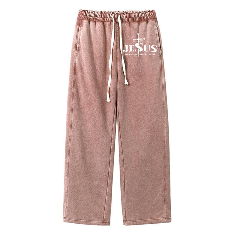 Christianartworkshop Jesus Cross Graphic Vintage Fade Washed Sweatpants - Braun - 2XL - image 0