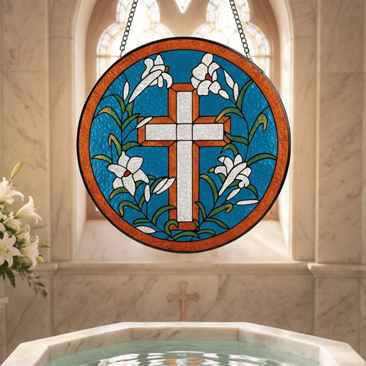 Christianartworkshop Runder, lilienförmiger Glas-Sonnenfänger mit Kreuz: Symbol friedvoller göttlicher Hoffnung - Blau - image 0