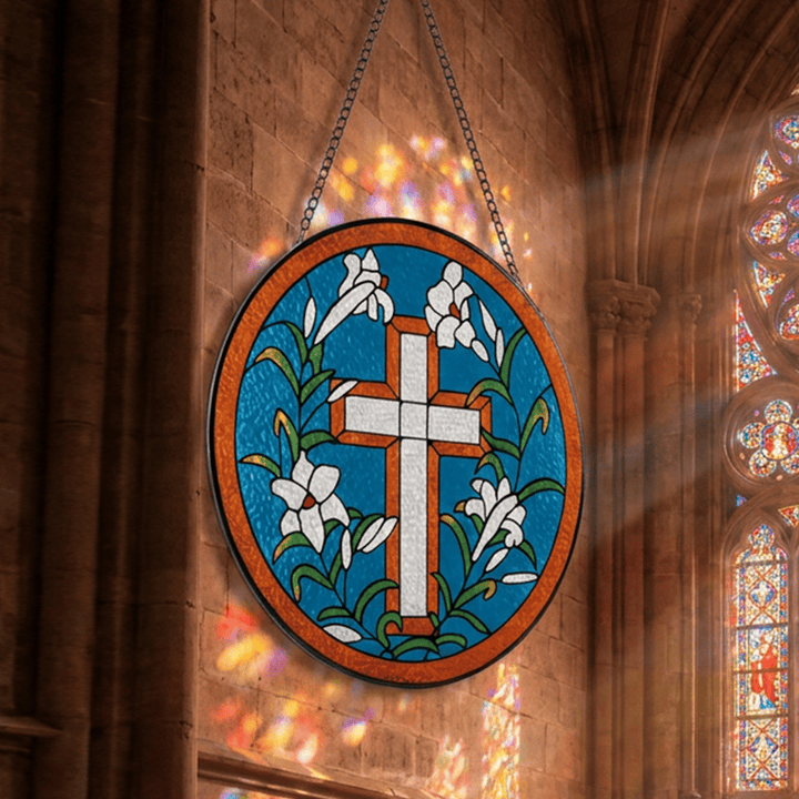 Christianartworkshop Runder, lilienförmiger Glas-Sonnenfänger mit Kreuz: Symbol friedvoller göttlicher Hoffnung - image 2