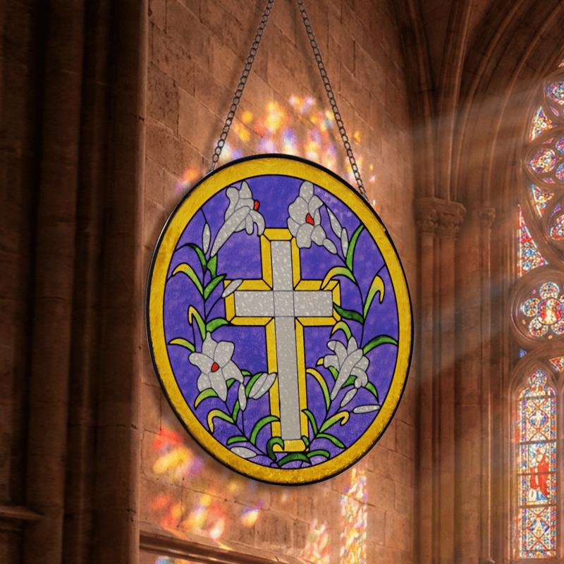 Christianartworkshop Runder, lilienförmiger Glas-Sonnenfänger mit Kreuz: Symbol friedvoller göttlicher Hoffnung - image 5