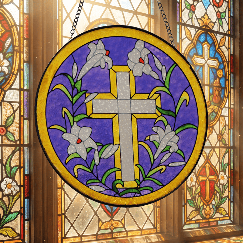Christianartworkshop Runder, lilienförmiger Glas-Sonnenfänger mit Kreuz: Symbol friedvoller göttlicher Hoffnung - image 4