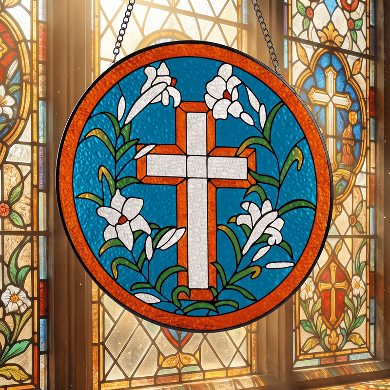 Christianartworkshop Runder, lilienförmiger Glas-Sonnenfänger mit Kreuz: Symbol friedvoller göttlicher Hoffnung - image 1