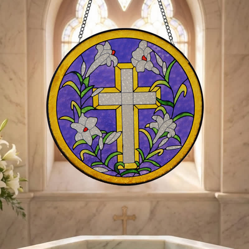 Christianartworkshop Runder, lilienförmiger Glas-Sonnenfänger mit Kreuz: Symbol friedvoller göttlicher Hoffnung - Lila - image 3
