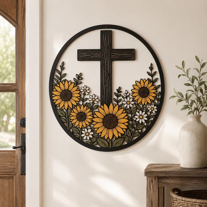 Christianartworkshop Sonnenblumen-Kreuz aus Metallrahmen: Symbol des friedvollen göttlichen Lichts - image 0