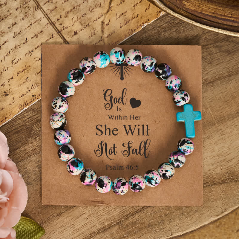 Inspirierendes Armband mit Kreuzmotiv aus Psalm 46,5 von Christianartworkshop , verziert mit bunten Crackle-Perlen. - Handgelenkumfang: 7,5 Zoll / 19 cm - image 0