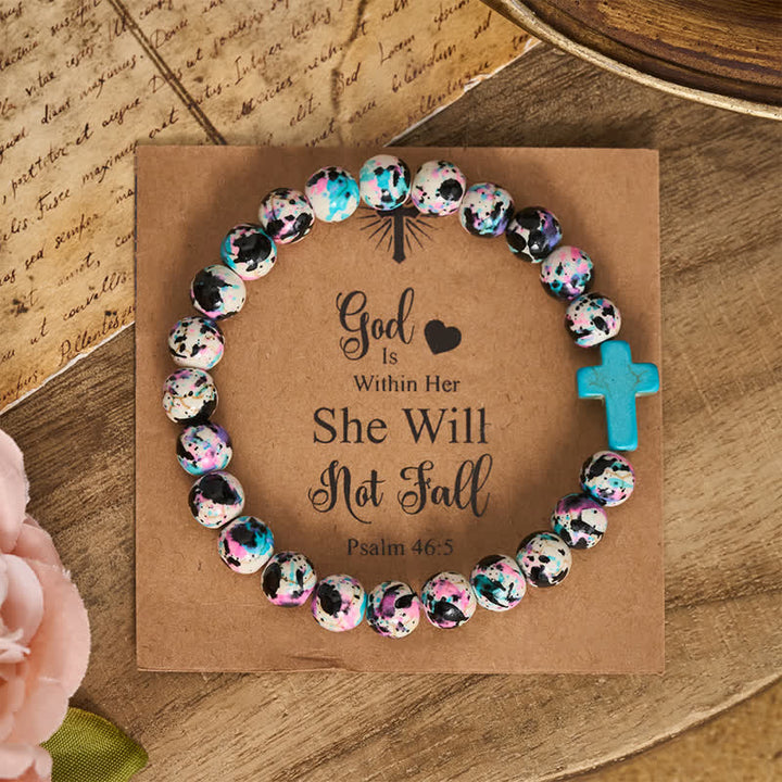 Inspirierendes Armband mit Kreuzmotiv aus Psalm 46,5 von Christianartworkshop , verziert mit bunten Crackle-Perlen. - Handgelenkumfang: 7,5 Zoll / 19 cm - image 0