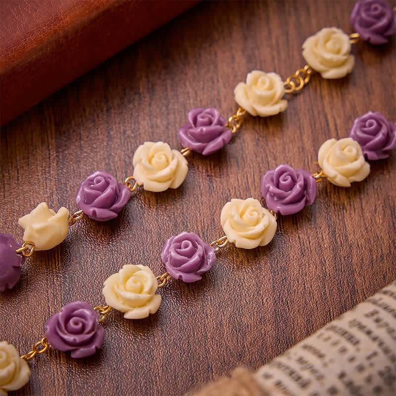 Christianartworkshop Rosenkranz mit cremefarbenen und violetten Rosenperlen, Marienverehrung und Juwelenkreuz: Symbol sanfter himmlischer Gnade - image 6