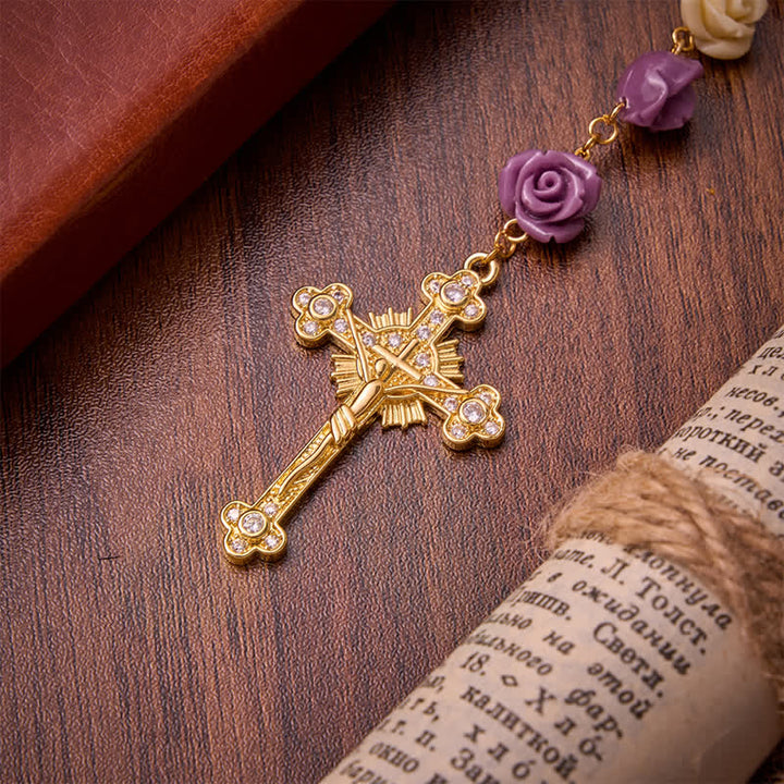 Christianartworkshop Rosenkranz mit cremefarbenen und violetten Rosenperlen, Marienverehrung und Juwelenkreuz: Symbol sanfter himmlischer Gnade - image 8