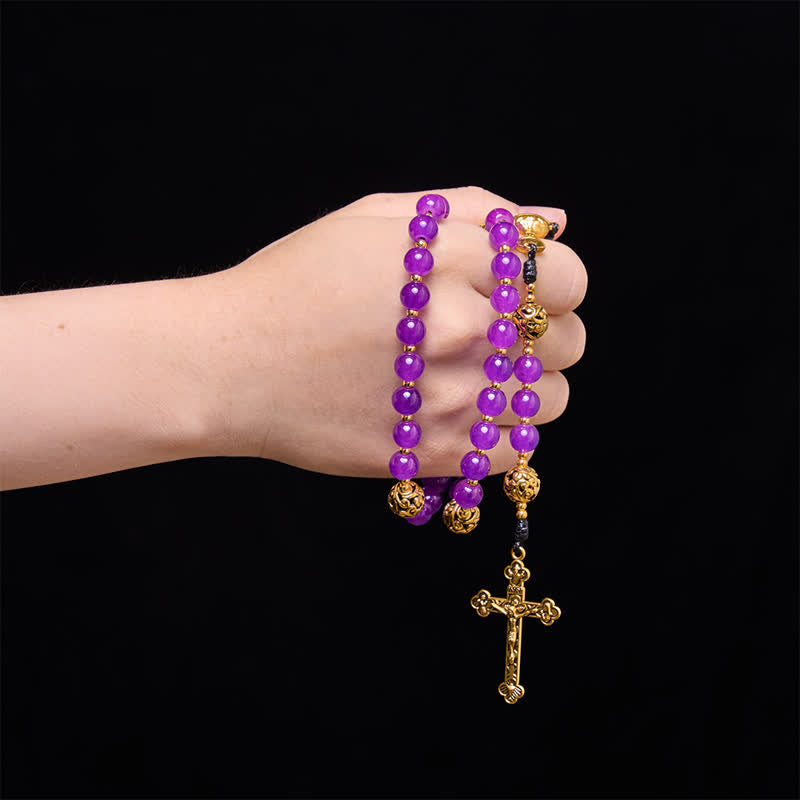 Christianartworkshop Rosenkranz mit runden Perlen in tiefem Violett: Zeichen des ewigen himmlischen Schutzes - image 1