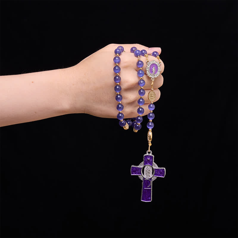 Christianartworkshop Rosenkranz mit lila Katzenaugenperlen und Emaille-Einlage, Unserer Lieben Frau: Zeichen des stillen himmlischen Segens - image 1