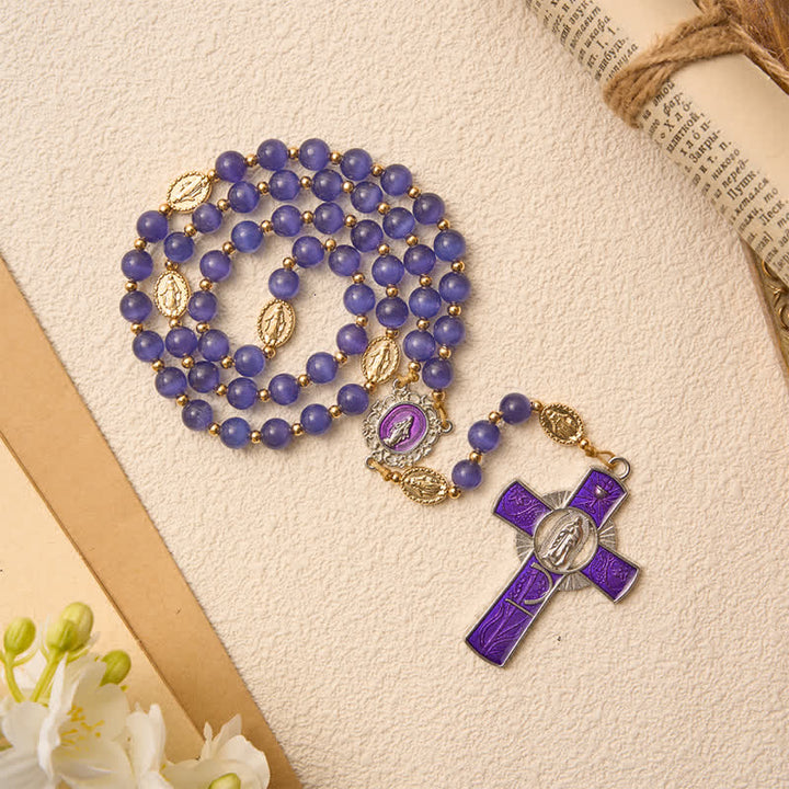 Christianartworkshop Rosenkranz mit lila Katzenaugenperlen und Emaille-Einlage, Unserer Lieben Frau: Zeichen des stillen himmlischen Segens - image 4