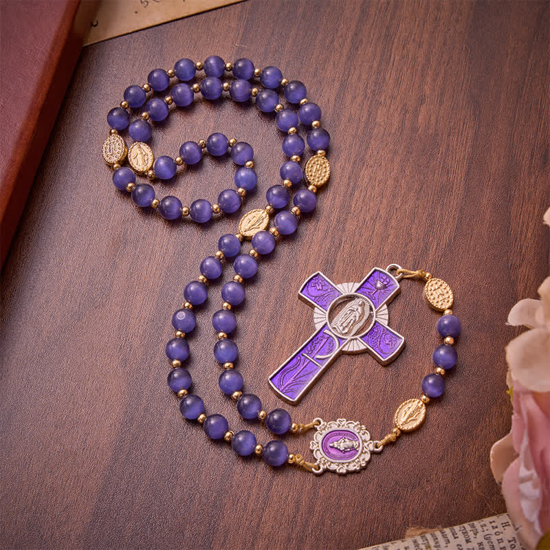 Christianartworkshop Rosenkranz mit lila Katzenaugenperlen und Emaille-Einlage, Unserer Lieben Frau: Zeichen des stillen himmlischen Segens - Rosenkranz mit lila Katzenaugen - image 0