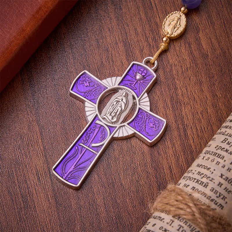Christianartworkshop Rosenkranz mit lila Katzenaugenperlen und Emaille-Einlage, Unserer Lieben Frau: Zeichen des stillen himmlischen Segens - image 8