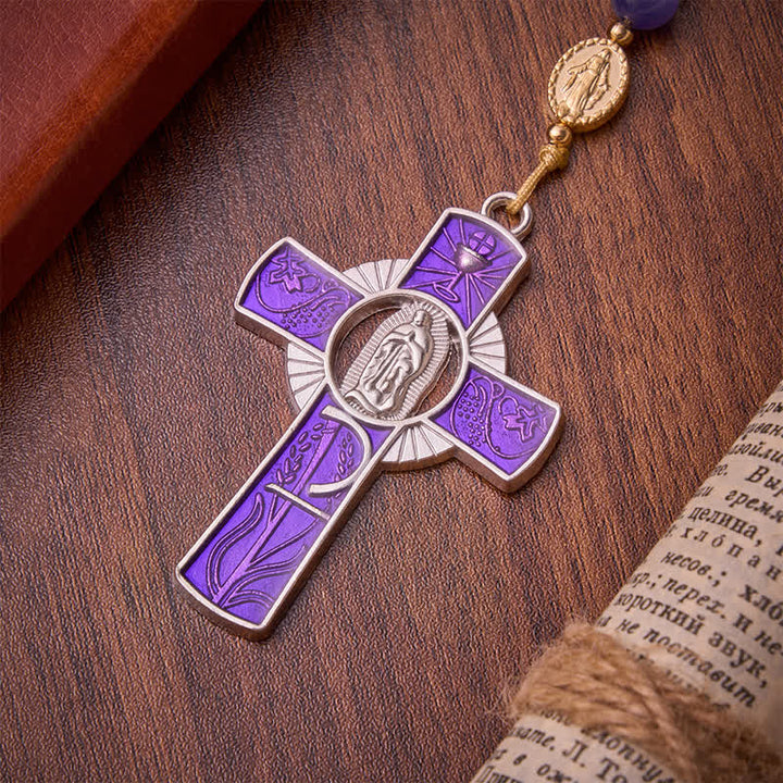 Christianartworkshop Rosenkranz mit lila Katzenaugenperlen und Emaille-Einlage, Unserer Lieben Frau: Zeichen des stillen himmlischen Segens - image 8