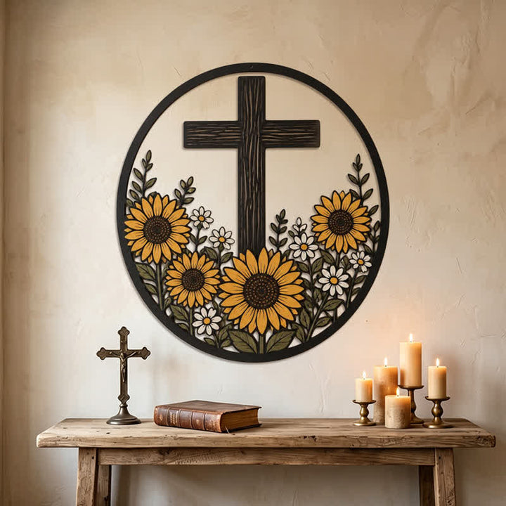 Christianartworkshop Sonnenblumen-Kreuz aus Metallrahmen: Symbol des friedvollen göttlichen Lichts - image 3