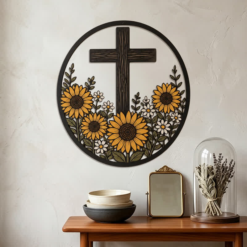 Christianartworkshop Sonnenblumen-Kreuz aus Metallrahmen: Symbol des friedvollen göttlichen Lichts - image 1
