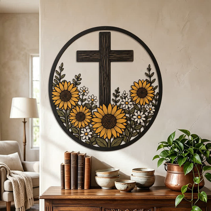 Christianartworkshop Sonnenblumen-Kreuz aus Metallrahmen: Symbol des friedvollen göttlichen Lichts - image 2