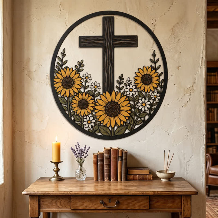 Christianartworkshop Sonnenblumen-Kreuz aus Metallrahmen: Symbol des friedvollen göttlichen Lichts - image 4
