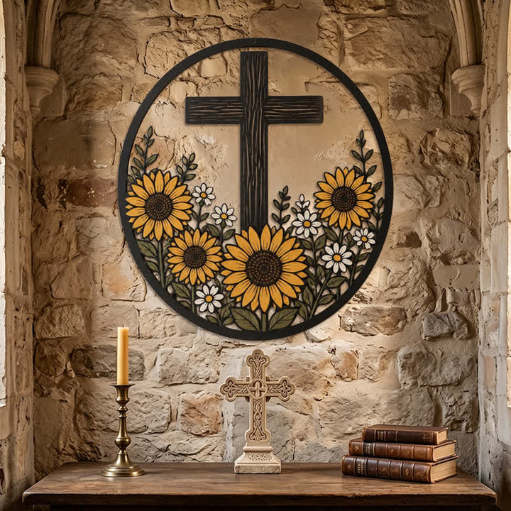 Christianartworkshop Sonnenblumen-Kreuz aus Metallrahmen: Symbol des friedvollen göttlichen Lichts - image 5