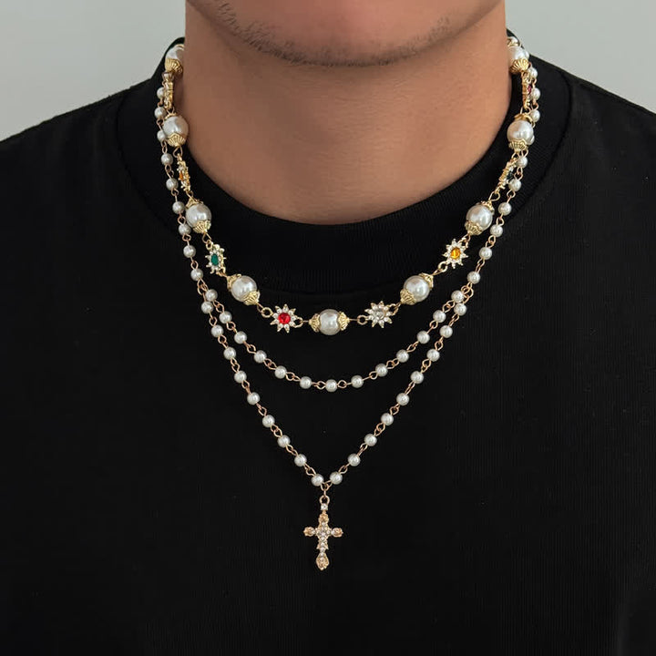 Christianartworkshop Mehrreihige Kreuzkette mit Kunstperlen: Symbol sanften göttlichen Schutzes - Golden - image 0