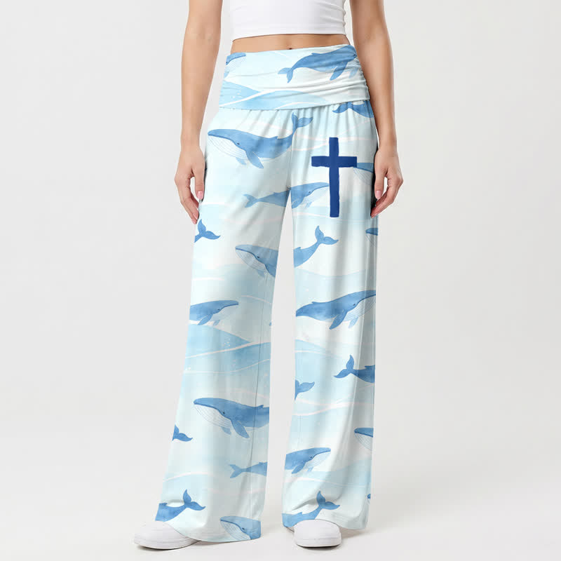 Christianartworkshop Damenhose mit hohem Bund und weitem Bein und Wal-Kreuz-Print aus der Ocean Whale Kollektion. - US22, UK/AU26, EU54 - image 0
